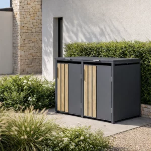 Abris poubelles 2 portes en acier galvanisé 132 cm - MARKUS / OSCAR - Gris et bois