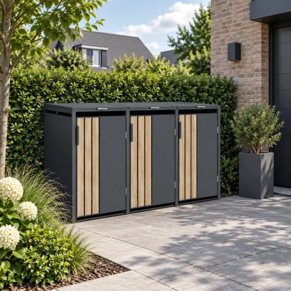 Cache-poubelles 3 portes MARKUS en métal anthracite et aspect bois près d’une maison contemporaine