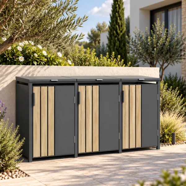 Abri poubelles 3 bacs MARKUS en métal anthracite et aspect bois devant une maison méditerranéenne