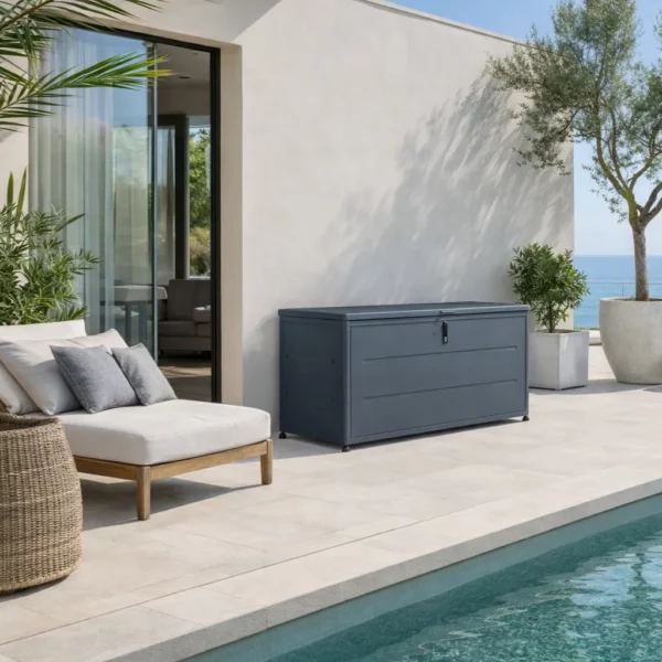 Couleurs du monde, coffre de rangement en acier galvanisé, couvercle hydraulique, gris anthracite, 460 litres, jardin extérieur, vente en ligne