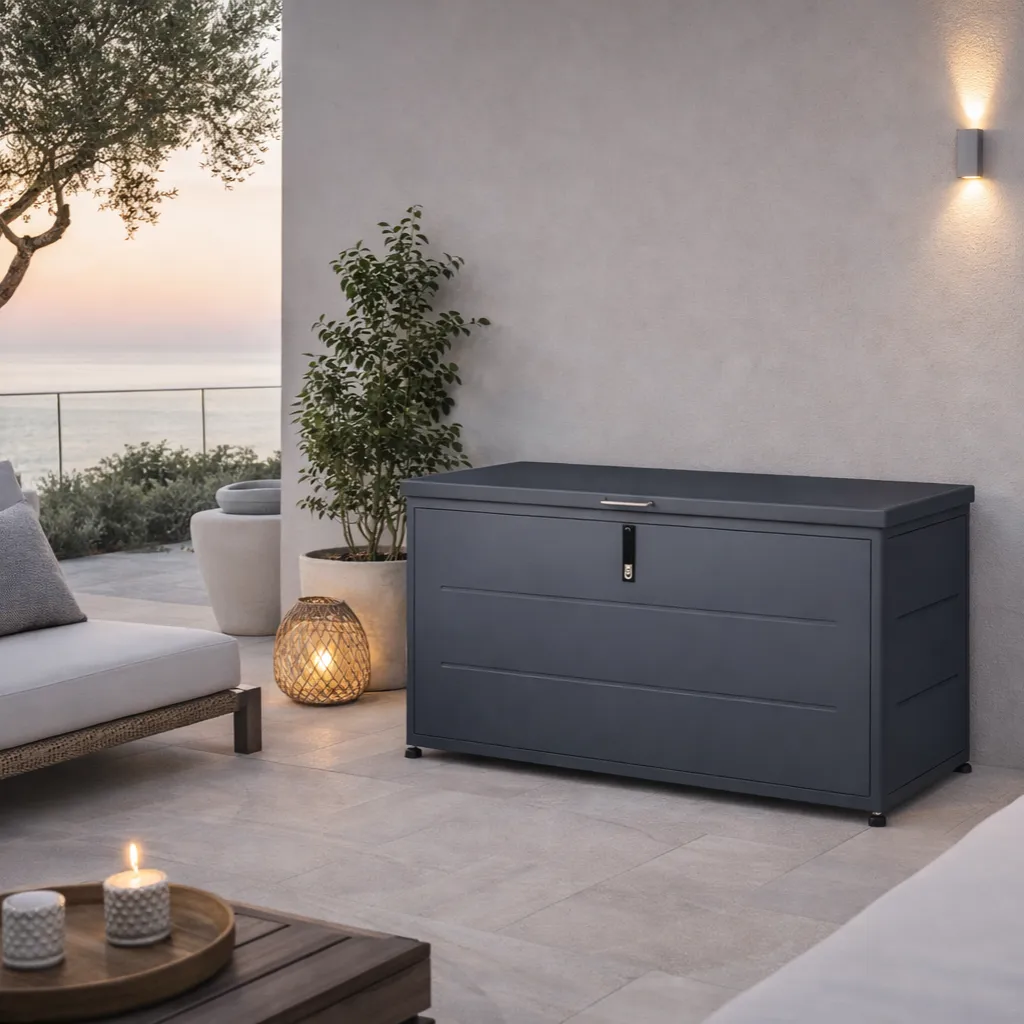 Couleurs du monde, coffre de rangement en acier galvanisé, couvercle hydraulique, gris, 460 litres, jardin extérieur, boutique en ligne