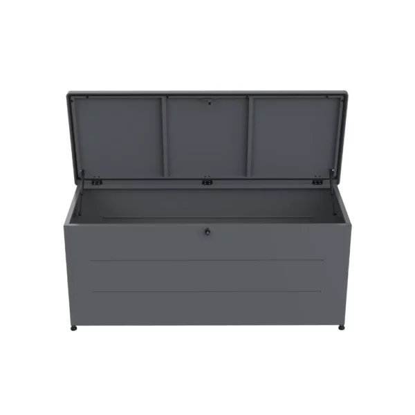 Coffre de rangement d'une grande capacité de 800 L en acier galvanisé gris anthracite de chez Couleurs du monde avec vérins à gaz