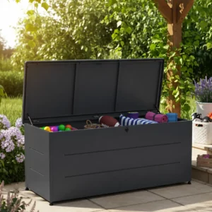 Coffre de rangement extérieur Eden 800l gris anthracite ouvert avec jouets et accessoires jardin