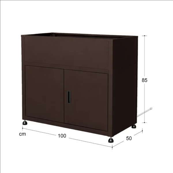 Armoire avec jardinière Tessa 100 cm marron Couleurs du Monde vue trois quarts avec dimensions sur fond blanc