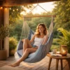 Chaise hamac suspendue en coton bleu avec barre en bois, fauteuil suspendu extérieur avec femme en détente sur terrasse