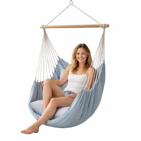 Chaise hamac suspendue en coton bleu avec barre en bois, fauteuil suspendu 1 place pour extérieur
