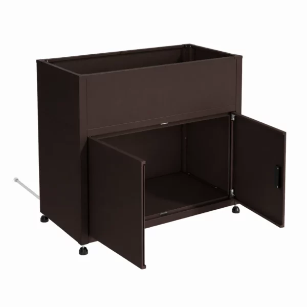 Armoire de jardin Tessa 100 cm marron portes ouvertes montrant espace de rangement