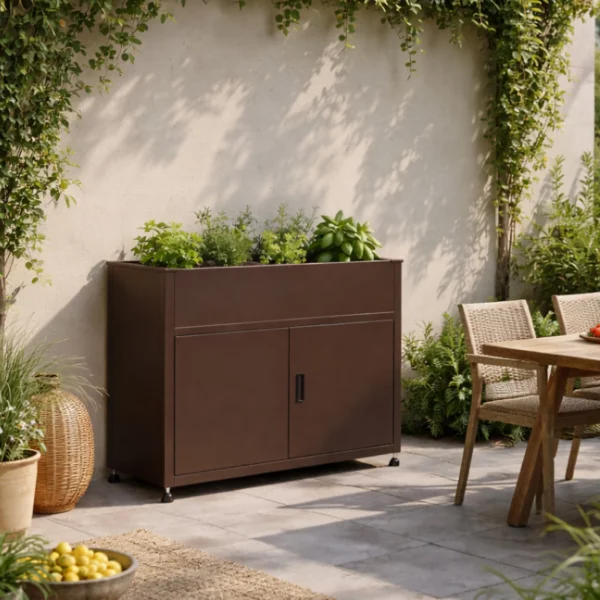 Armoire avec jardinière intégrée Tessa 100 cm marron sur terrasse de maison végétalisée