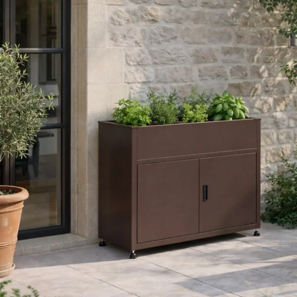 Armoire de jardin 100 cm marron avec jardinière contenant des aromates contre mur en pierres