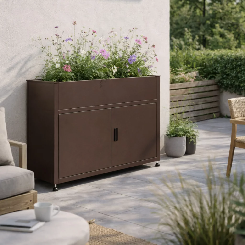Armoire de jardin en métal Tessa 100cm marron jardinière intégrée avec plantes et fleurs