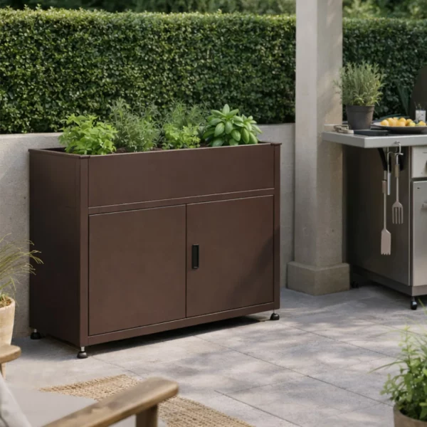Armoire de jardin 100cm marron sur terrasse maison ambiance estivale avec barbecue et jardinière avec aromates