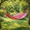 Hamac 1 place en coton rayé multicolore avec barres en bois suspendu entre arbres dans jardin