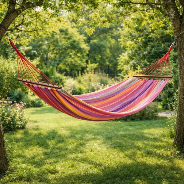 toile-hamac-1-place-belem-7-avec-barres-ecartement-couleurs-du-monde-coton-rayee-vert-lila-orange-detente-exterieur Hamac 1 place en coton rayé multicolore avec barres en bois suspendu entre arbres dans jardin