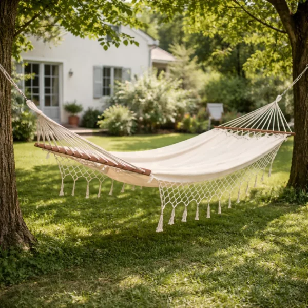 toile-hamac-1-place-ecrue-fabriquee-au-bresil-coton-avec-franges-couleurs-du-monde-salva-ambiance Hamac 1 place écru en coton avec franges et barres en bois suspendu entre arbres dans jardin