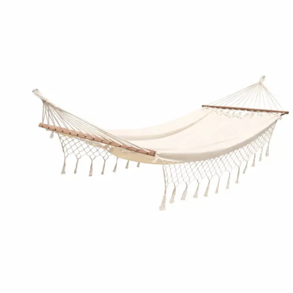 Hamac 1 place écru en coton avec franges et barres en bois, toile suspendue extérieur