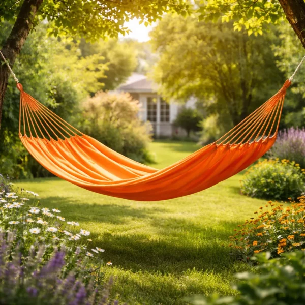 Hamac 1 place en coton orange suspendu entre arbres dans jardin, toile hamac extérieur détente