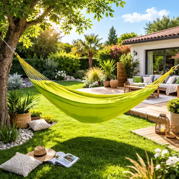 Hamac 1 place en coton vert anis suspendu entre arbres dans jardin, toile hamac extérieur détente