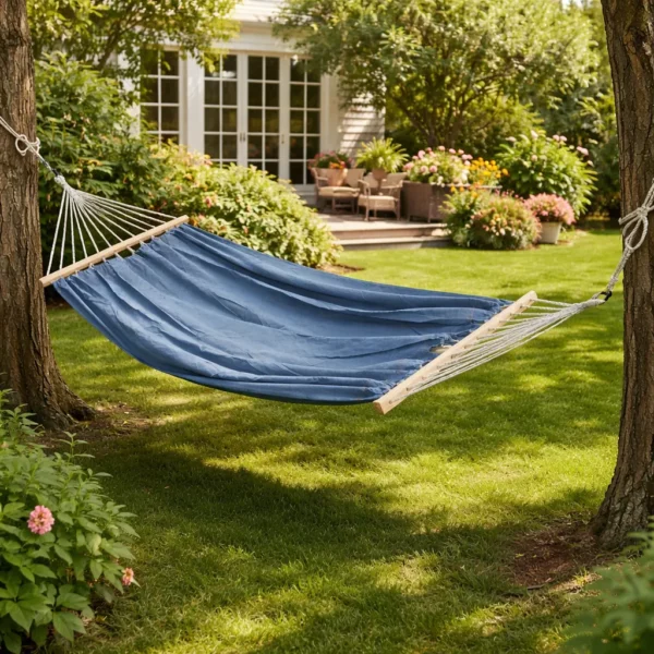 Hamac 1 place en coton bleu avec barres en bois suspendu entre arbres dans jardin