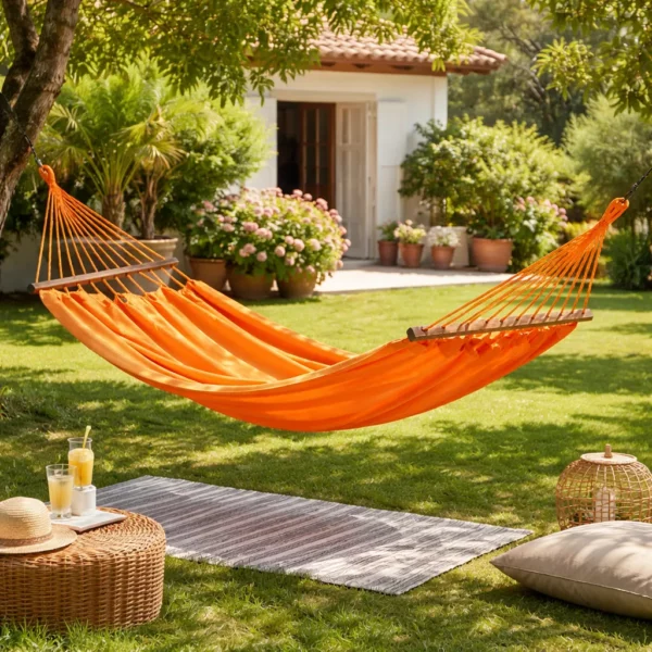 Hamac 1 place en coton orange avec barres en bois suspendu entre arbres dans jardin