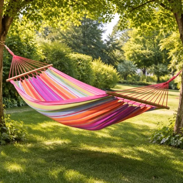 toile-hamac-2-places-quito-7-avec-barres-ecartement-couleurs-du-monde-coton-rayée-vert-lilas-orange-detente-exterieur-ambiance Hamac 2 places en coton rayé multicolore avec barres en bois suspendu entre arbres dans jardin