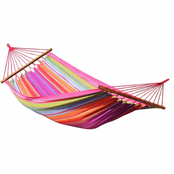 Hamac 2 places en coton rayé multicolore avec barres en bois, toile suspendue extérieur