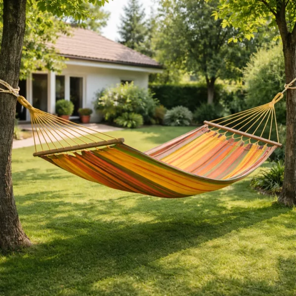Hamac 2 places en coton rayé kaki et jaune avec barres en bois suspendu entre arbres dans jardin