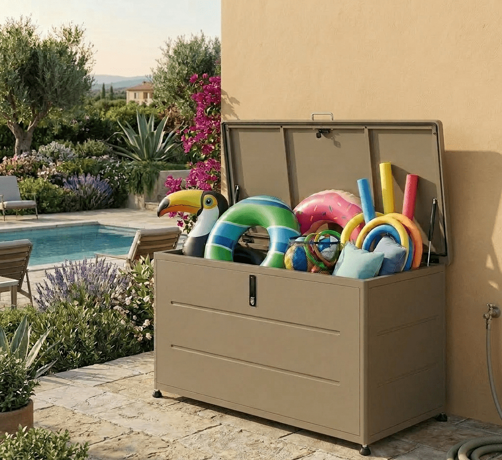 Coffre de rangement extérieur, pour le jardin de couleur taupe