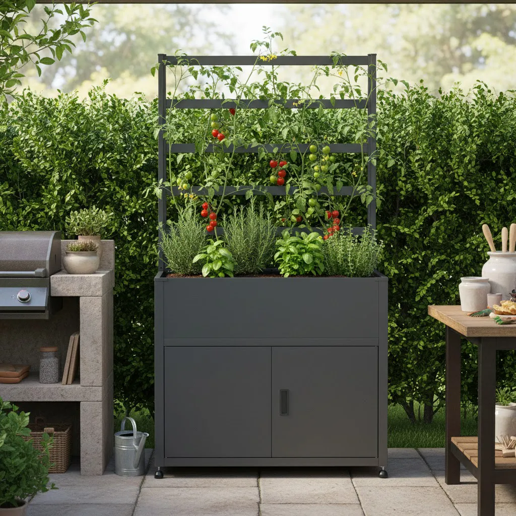 Armoire avec jardinière intégrée Tessa 100 cm marron sur terrasse de maison idéal pour cuisine d'été